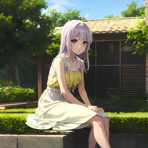 Single girl, white purple hair, long hair, yellow eyes, white summer dress, sitting down