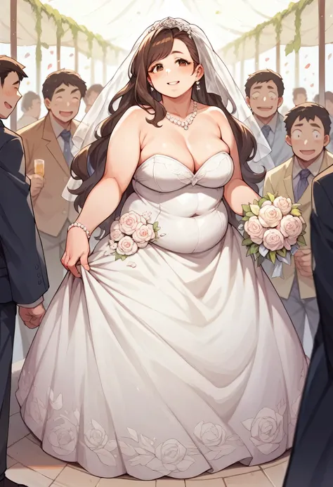 Chubby Fat Mature Pregnant Japanese Wife, Brown long hair, Brown eyes, Wearing a wedding dress, Stand up at the party, Posing with her husband