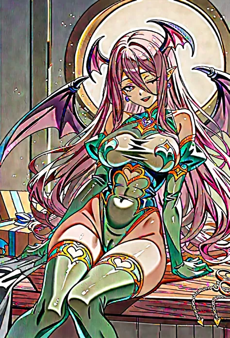 NSFW,Anime girl with pink hair and black stockings sitting on a jewelry box,Clear green latex leotard、｛Transparent clothing 1.2｝、Purple Skin、beautifulbeautiful succubus, succubus in tight short dress, shalltear from overlord, anime monster girl, succubus, ...