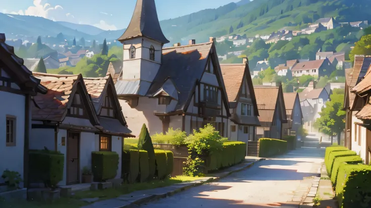 masterpiece, UHD, 4k, 8k, day time, anime village, nice lighting, beautiful, beautiful village, inner village, inside the village, cobblestone path, village houses,