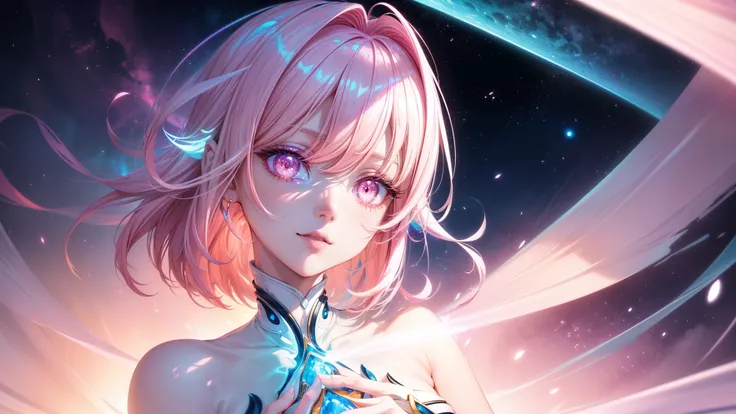 High angle, fantasy space, multiple planets, Fantasy Galaxy, 1girl em, Full body, portraite, Beautiful, rainbow light, Magik, high qualiy, neat face、nice nose,Beautiful Mouth,sea of clouds、The Morning Sun、red and teal and yellow、Arte Splash、lightnings,[(ar...