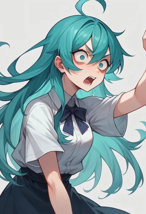 Blue-haired long hair，Design clothing，Seven-doppelganger shot，Anime style 4K，Anime girl with teal hair，High quality anime art style, Startled face