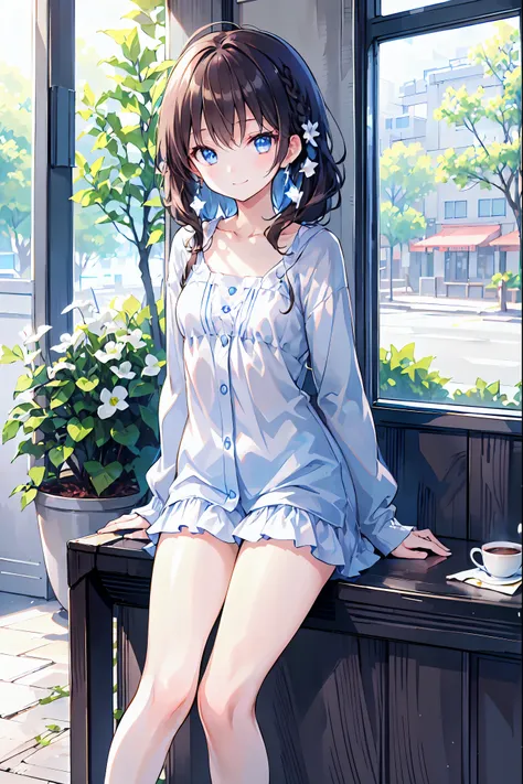 （Cute sister:1.3）、 smile,springの雰囲気、spring、lunch、Coffee Shop、Office Casual，Brown Hair，Shortcuts，Messy Hair，Short braided hair，Neat，Slender beauty，A dignified posture，Small chest，Beautiful feet，Her captivating grey-blue eyes shine like stars，Vibrant colors,...