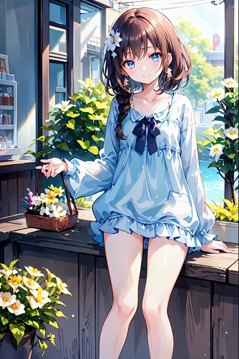 （Cute sister:1.3）、 smile,springの雰囲気、spring、lunch、Coffee Shop、Office Casual，Brown Hair，Shortcuts，Messy Hair，Short braided hair，Neat，Slender beauty，A dignified posture，Small chest，Beautiful feet，Her captivating grey-blue eyes shine like stars，Vibrant colors,...