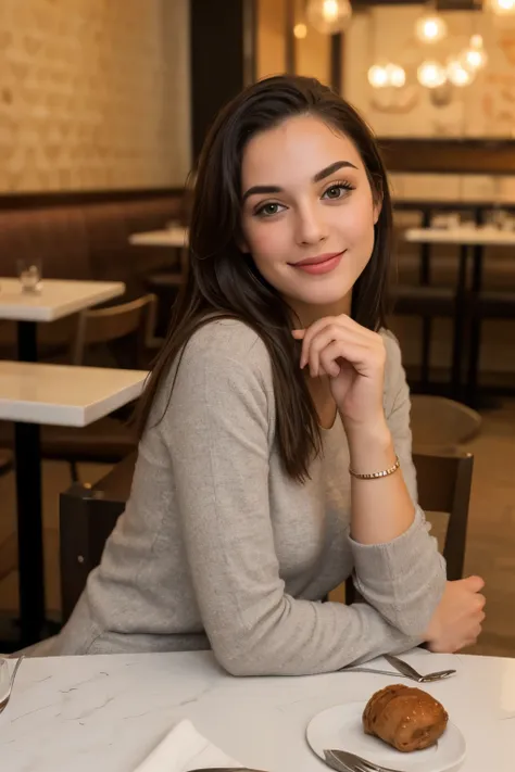 la même pute, pull à capuche, dans un restaurant, fille latine, poser pour une photo, photo réaliste