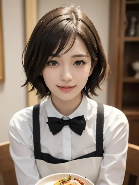 Cute 2 Japanese、apron, Black bow tie、Waiter、Cafe、Super detailed face、Pay attention to the details、Double eyelids、Beautiful thin nose、Sharp focus:1.2、Beautiful woman:1.4、(Light Brown Hair,Short Hair、),Pure white skin、Best Quality、masterpiece、Ultra-high reso...