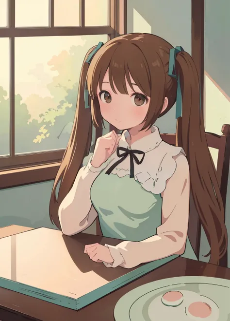 (masterpiece、Best Quality、Best Quality、Official Art、Beautiful and beautiful:1.2)、(One person:1.3)Hatsune Miku、Twin tails,Beautiful breasts,Illustration design, Delicate characters, window, table, Brown Hair, Big eyes, Long Chinese Dress