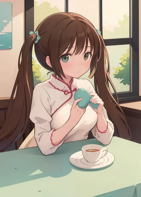 (masterpiece、Best Quality、Best Quality、Official Art、Beautiful and beautiful:1.2)、(One person:1.3)Hatsune Miku、Twin tails,Beautiful breasts,Illustration design, Delicate characters, window, table, Brown Hair, Big eyes, Long Chinese Dress