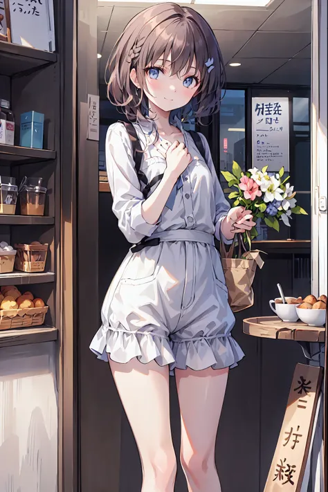 （Cute sister:1.3）、 smile,springの雰囲気、spring、lunch、Coffee Shop、Office Casual，Brown Hair，Shortcuts，Messy Hair，Short braided hair，Neat，Slender beauty，A dignified posture，Small chest，Beautiful feet，Her captivating grey-blue eyes shine like stars，Vibrant colors,...