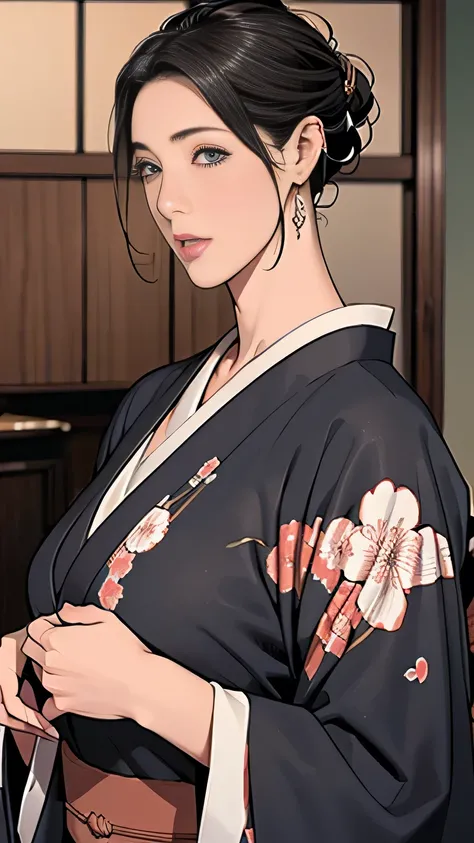 Japanese hairstyle,Photorealism,detailed,masterpiece,mature,((full)), (Broad shoulders), ((Huge)),10yo boy cumshot,Plus size mature women,expensive,30 years old,Pretty face, (Plump woman),Beautiful long-sleeved kimono,kimono,Hold your chest with both hands...