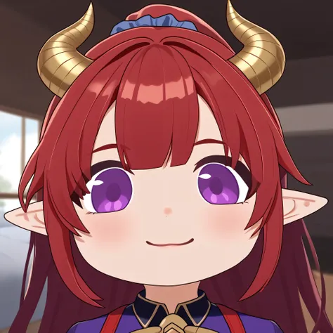 score_9, score_8_up, score_7_up, ponytail hair, bangs, blut bangs, ((pink and purple violet eyes, heterochromia, predator eyes, elf ears)), ((small horns, gold horns, horns towards the bangs, the ends of the horns are on the bangs, dragonian, dragon girl))...