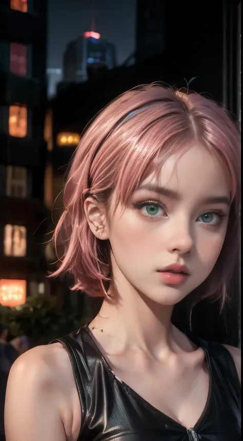 Young woman, porcelain skin, short pink hair, heart-shaped face, wide forehead, thin pink eyebrows, big jade green eyes, long eyelashes, buttoned nose, peach lips, black leather dress, Sakura Haruno, 3d, realistic, realism, high focus, details, futuristic ...