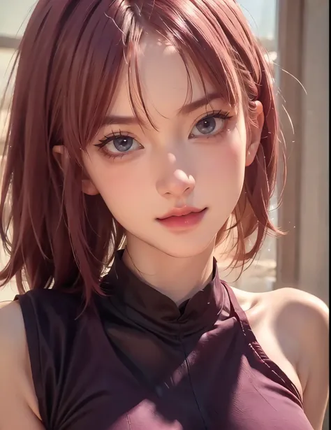 young woman, short shoulder-length pink hair, wide forehead, porcelain skin, pink eyebrows, big emerald green eyes, buttoned nose, full lips, heart-shaped face, slender body, small breasts, maroon tank top, Sakura Haruno , realistic, Realism, details, 3d, ...