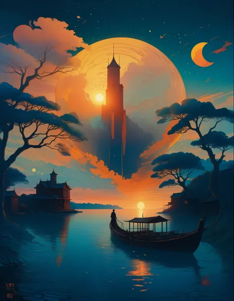 A watchtower surrounded by lake ,sunset with clouds infographic with illustrations, by victo ngai, kilian eng vibrant rgb colours, dynamic lighting, digital art, winning award masterpiece, fantastically beautiful, illustration, aesthetically inspired by be...