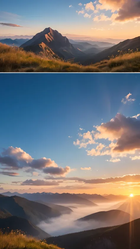 A vertical 9:16 image of a peaceful morning mountain landscape at sunrise, exactly like the reference image with soft, natural sky tones and smooth transition between the blue sky and warm sunrise hues. The sky features light streaks of white clouds, and t...