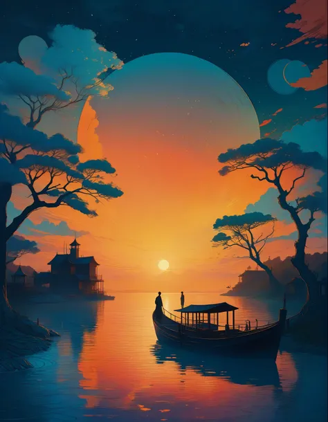 A watchtower surrounded by lake ,sunset with clouds infographic with illustrations, by victo ngai, kilian eng vibrant rgb colours, dynamic lighting, digital art, winning award masterpiece, fantastically beautiful, illustration, aesthetically inspired by be...