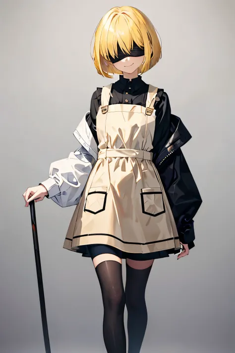 girl,black and cream color pinafore dress,yellow hair,bob cut with long bangs,blindfold,smile,masterpiece, best quality, extremely detailed,Hiding both eyes,black knee high stockings,walk with a white walking stick with right hand,Dark painterly background