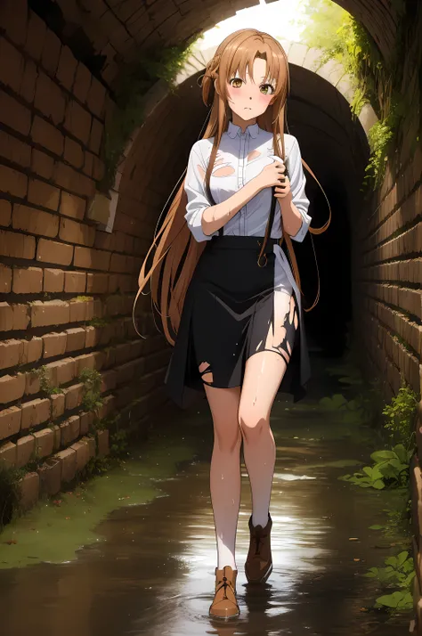 masterpiece, best quality, highres, absurdres, ultra detailed, pretty eyes, pretty_hands,
aaasuna, long hair, brown hair, braid, brown eyes,  blushing,  wet_cloths, torn_clothing 
BREAK
walking, very_dark, sewer_tunnel, dirty, stone_wall, dripping_water, w...