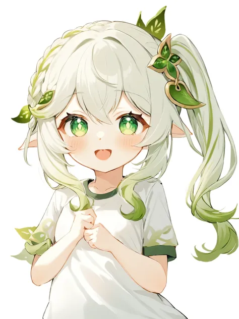 ï¼nahida_\(genshin_impact\), 1girl, green_eyes, pointy_ears, shirt, multicolored_hair, white_hair, white_shirt, side_ponytail, ...