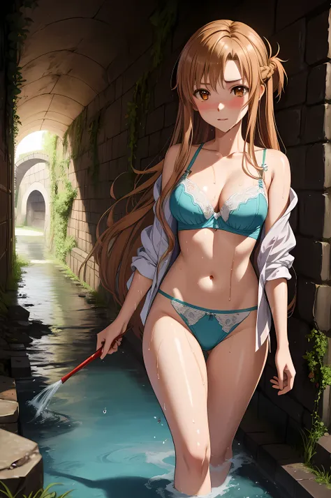 masterpiece, best quality, highres, absurdres, ultra detailed, pretty eyes, pretty_hands,
aaasuna, long hair, brown hair,  brown eyes,  blushing,  wet_lingerie, 

walking, very_dark, sewer_tunnel, dirty, stone_wall, dripping_water, water, red lngerie
 