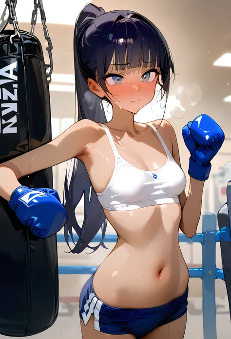 ((masterpiece,best quality anime:1.3,Best Quality)),cowboy shot,portrait,1woman,(young adult),(ponytail),long straight hair,blunt bangs,black hair,((very small head:1.3)),gray eyes,gorgeous eyes,blush,small breasts,((very long body:1.3)),((tan skin:1.2)),(...