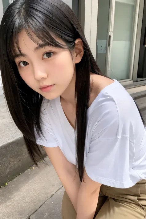 Japanese women、20 years old、Black Hair。Long Hair。oversized v-neck t-shirt。The T-shirt is plain white。Khaki chinos。Bending forward at 45 degrees。Angle from above。