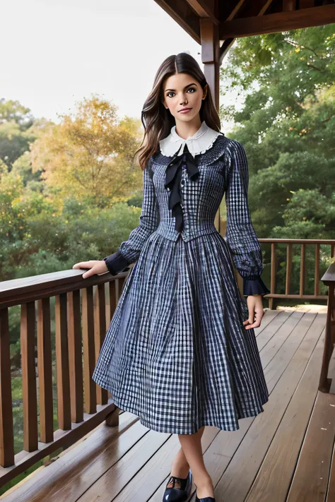 Prim and proper dark russet Victorian-era gingham dress with high collar, long-sleeves, and an ankle-length skirt. Worn by a beautiful 20-year-old Caucasian woman with black hair and blue eyes while chatting on a wooden porch. (Ashley Greene).