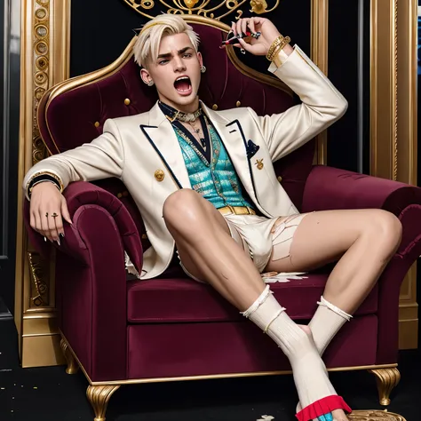 full body view, extremely over-fag fashion european arrogant handsome queer platinum blond undercut boy, skinny in hyper-hype fa...