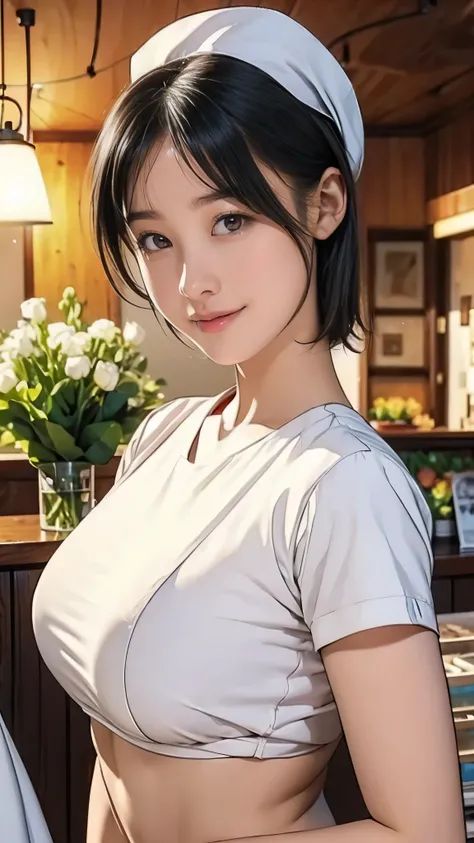 (masterpiece:1.2, Best Quality), (Realistic, photoRealistic), (Saggy boobs:1.5, Saggy boobs:1.5, Thin fabric), Written boundary depth, Gazing at the audience, Perfect Face, Cute Face, (Very short hair, Black Hair), Beautiful fingers, ((nurse, nurse, The fa...