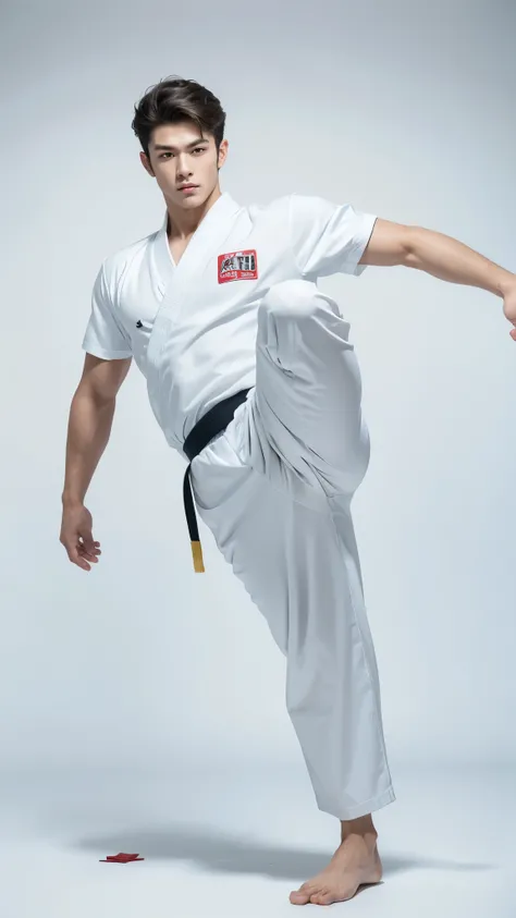 High Side Kick, Spinning Kick, photograph, 超リアリスティックなphotograph, Wild and handsome young man, Accurate facial depiction, Full body image, Muscular body, Stand Up Strong, Model-like style, White karate uniform, White karate pants, Tokyo