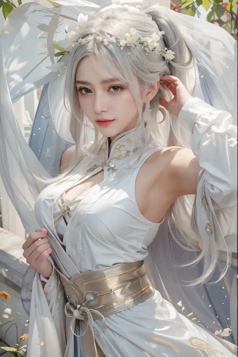 photorealistic, high resolution, soft lights, 1women, shiny skin, finely detailed skin, solo, hips up, look at viewer, (detailed face), white hair, long hair, wedding hanfu