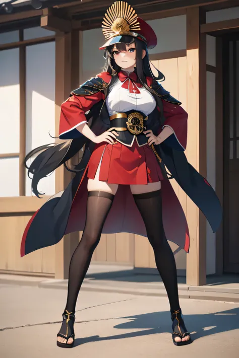 ((best quality)), ((masterpiece)), Oda Nobunaga, student hat, gold decoration, Japanese armor, female, Sixth Heaven Demon King, black hair,full body shot,