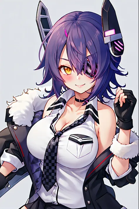 best quality, masterpiece, solo, {tenryuu_kantaicollection:1.15}, teen_girl, eyepatch, short_hair, purple_hair, yellow_eyes, hea...