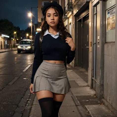 a hyper realistic photo of a young latina in school uniform holding a backpack; blue sweater, grey skirt, black stockings and shoes; hourglass figure, brown skin; round face with dark almond shape eyes, thick eyebrows, and freckles on her cheeks; dark shor...