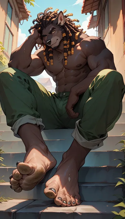 big, furry, muscular male, black wolf, dreadlocks hair, mature man, sitting on stairs, barefoot, green pants, topless, foot focu...