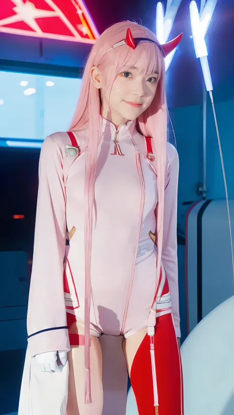 dynamic angle,ultra-detailed, illustration, straight on, 1girl, ((Zero two, interface headband with a pair of horns, red bodysuit:1.4, pink hair)), Her eyes shone like dreamy stars,(glowing eyes:1.233),(beautiful and detailed eyes:1.1),(expressionless, clo...