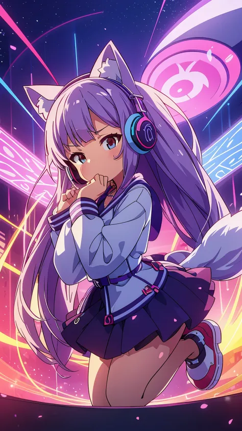 cute beautiful girl and headphones nekomimi perfect anatomy great quality of detail perfect hands full body