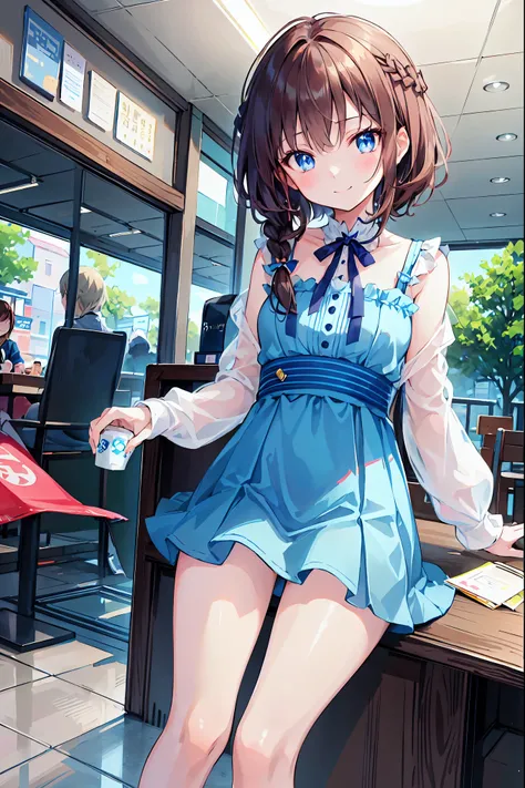 （Cute little sister:1.3）、 smile,early summerの雰囲気、early summer、lunch、Coffee Shop、Office Casual，Brown Hair，Shortcuts，My hair is messy，Short braided hair，Neat，Slender beauty，upright，Small breasts，Beautiful legs，Her charming grey-blue eyes shine like stars.，Vi...