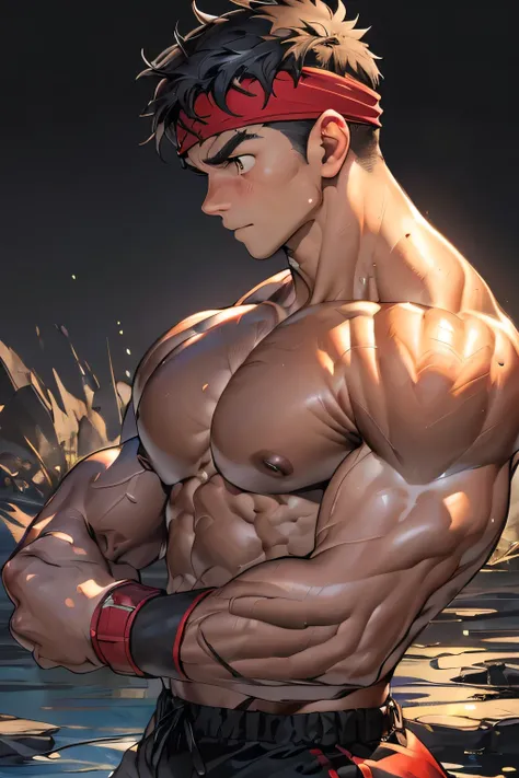 ((masterpiece, best quality)), (((((black background, deep night, upper body, side shot:1.5, looking away))))), (worm eyes, Young boy, muscler, Shirtless, topless), ((((1boy, solo, flesh, tough, reliable, developed body)))), (Dark Short straight hair, ((al...