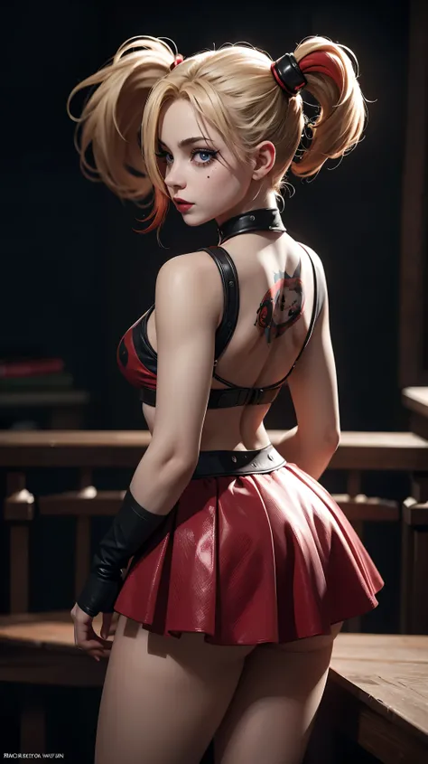 Harley Quinn Back view, highly detailed, deep focused image, realistic full-lenght photo,  mini skirt,  