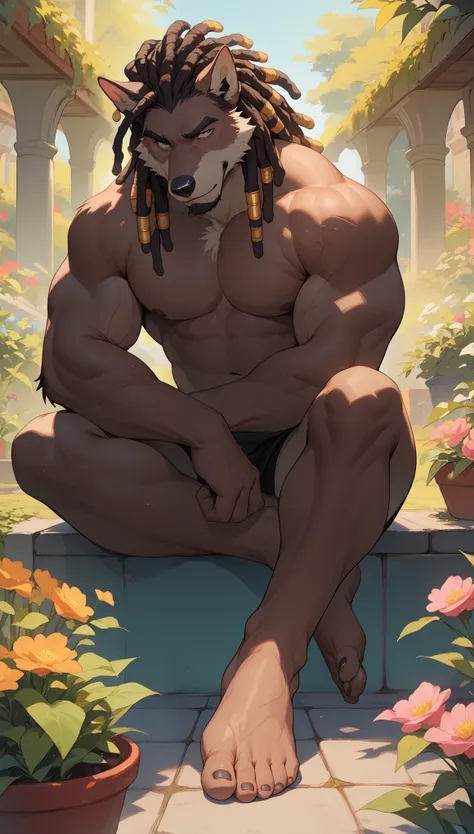 big, furry, muscular male, black wolf, dreadlocks hair, mature man, sitting in his garden, barefoot, naked, foot focus, dirty fe...