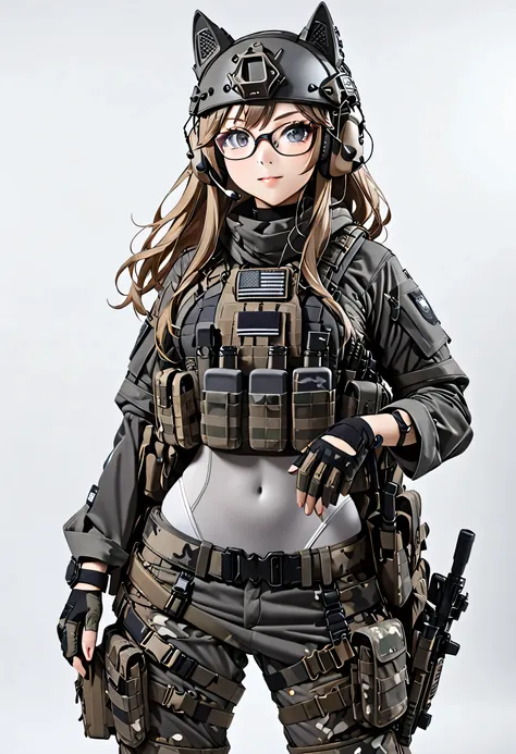 8k ultra high-quality, ultra-detailed, high quality, dark blonde hair, long hair, headset, goggles, bluish grey tactical helmet ...