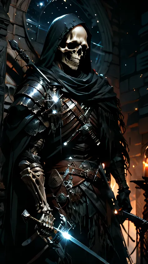 skeleton, muscle, chainmail hood, knight armor, cowboy_shot, shorthand, holding_sword＆shield, alone, background corridor, staine...