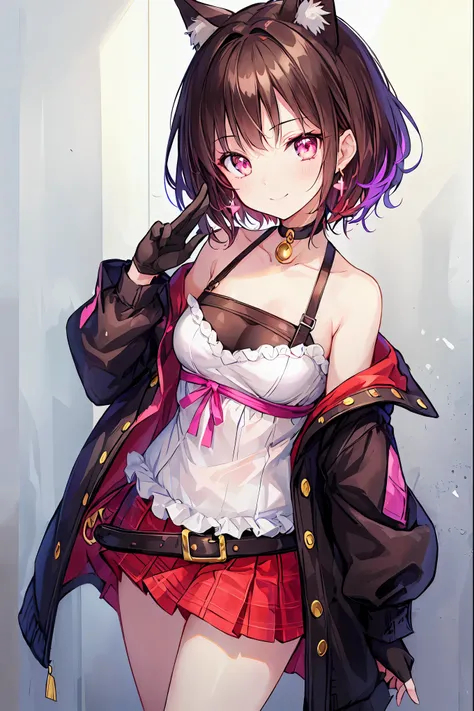 One Girl, anime_Coloring, black_eye, black_gloves, brown_hair, Choker, Earrings, gloves, jewelry, Letterbox, Parody, short_hair, smile, Alone, style_Parody,  Vibrant colors,魅惑的なグレーブルーのeyeは星のように輝いている,繊細なsmile,Textured Skin,masterpiece,Kilo,The best quality ...