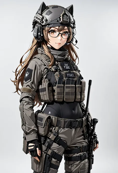 8k ultra high-quality, ultra-detailed, high quality, dark blonde hair, long hair, headset, goggles, grey tactical helmet visor u...