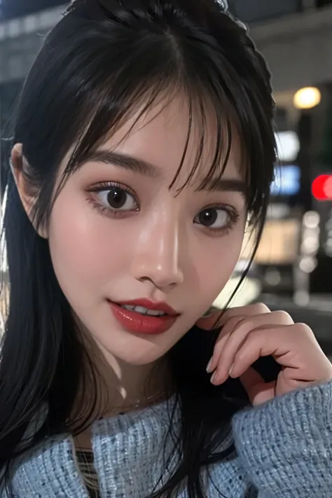 {{{{Straight Bob Hair}}},{1girl:18 yo:Two Eyes Mascara}, Tokyo street,night, cityscape,city lights, {upper body},close-up, {{8k, {RAW photo}, {best quality}, {masterpiece},{realistic}, {photo-realistic}},