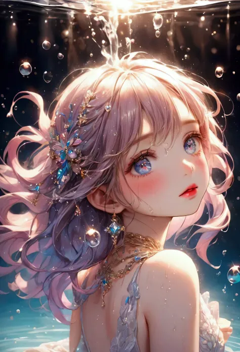 adorable girl, extremely beautiful detailed eyes (jewelry, brilliant, bright, sparkling, splash, particles of light, prism), extremely detailed(eyes,longeyelash,lips), head tilt, shy face, through bangs, adorable figure, coquettish atmosphere, half-open mo...