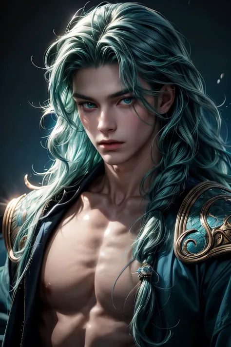 Man, long blue hair, wavy hair, green eyes, scales on face, blue skin, king of the oceans, best quality work, masterpiece, 16k