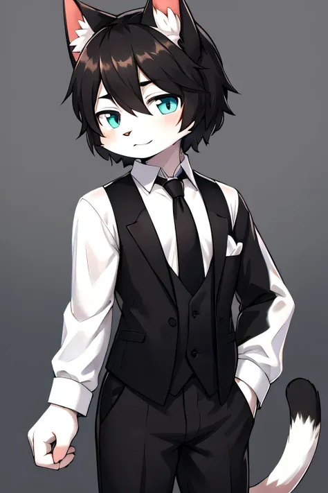 Black and white cat boy，Furry cat，Black vest，Suit，White shirt，Black Tie，Black shorts