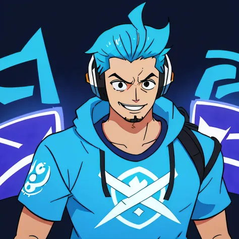 a close up of a person wearing headphones and a t - shirt, twitch streamer / gamer ludwig, blue spiky hair, video game avatar, second life avatar, blue mohawk, ingame image, as a fortnite character, avatar image, as an overwatch character, sigma from overw...